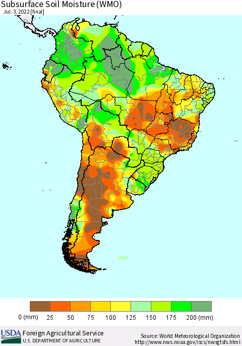 South America Subsurface Soil Moisture (WMO) Thematic Map For 6/27/2022 - 7/3/2022
