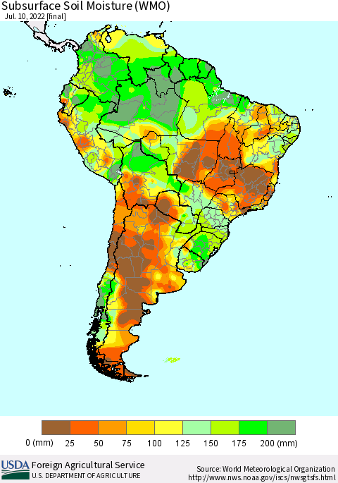 South America Subsurface Soil Moisture (WMO) Thematic Map For 7/4/2022 - 7/10/2022