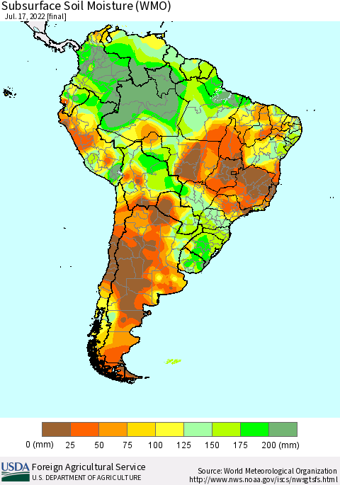 South America Subsurface Soil Moisture (WMO) Thematic Map For 7/11/2022 - 7/17/2022
