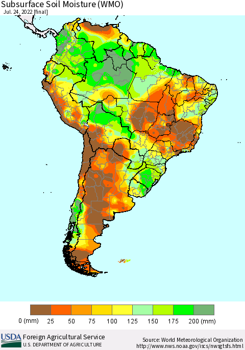 South America Subsurface Soil Moisture (WMO) Thematic Map For 7/18/2022 - 7/24/2022