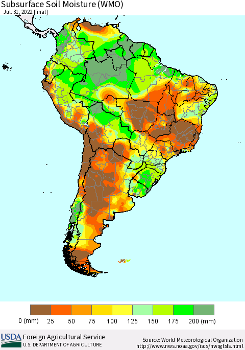 South America Subsurface Soil Moisture (WMO) Thematic Map For 7/25/2022 - 7/31/2022