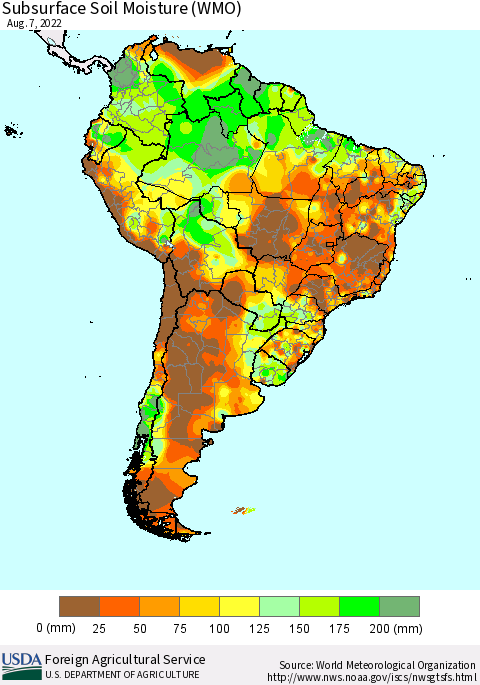 South America Subsurface Soil Moisture (WMO) Thematic Map For 8/1/2022 - 8/7/2022