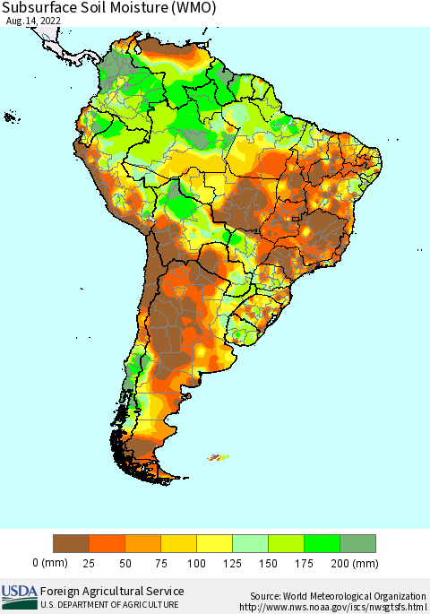 South America Subsurface Soil Moisture (WMO) Thematic Map For 8/8/2022 - 8/14/2022