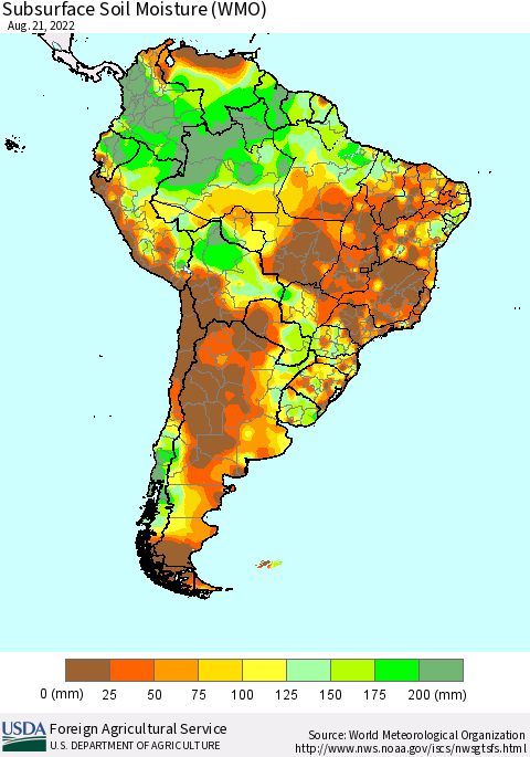 South America Subsurface Soil Moisture (WMO) Thematic Map For 8/15/2022 - 8/21/2022