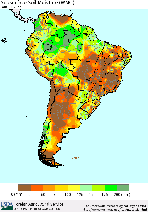 South America Subsurface Soil Moisture (WMO) Thematic Map For 8/22/2022 - 8/28/2022