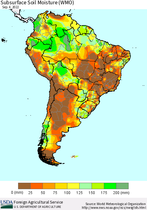 South America Subsurface Soil Moisture (WMO) Thematic Map For 8/29/2022 - 9/4/2022
