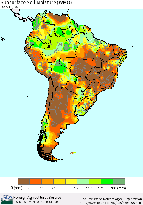 South America Subsurface Soil Moisture (WMO) Thematic Map For 9/5/2022 - 9/11/2022
