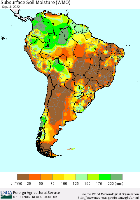 South America Subsurface Soil Moisture (WMO) Thematic Map For 9/12/2022 - 9/18/2022