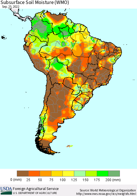 South America Subsurface Soil Moisture (WMO) Thematic Map For 9/19/2022 - 9/25/2022
