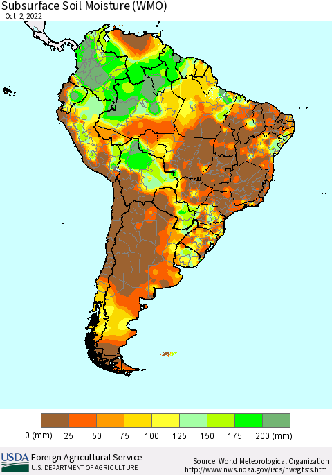 South America Subsurface Soil Moisture (WMO) Thematic Map For 9/26/2022 - 10/2/2022