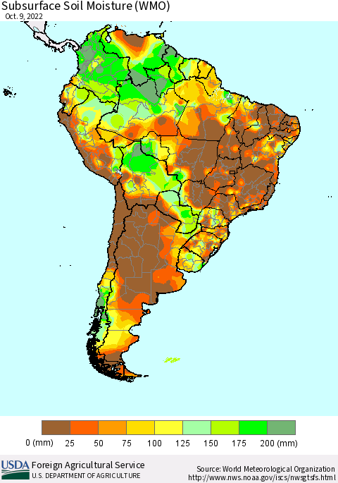 South America Subsurface Soil Moisture (WMO) Thematic Map For 10/3/2022 - 10/9/2022