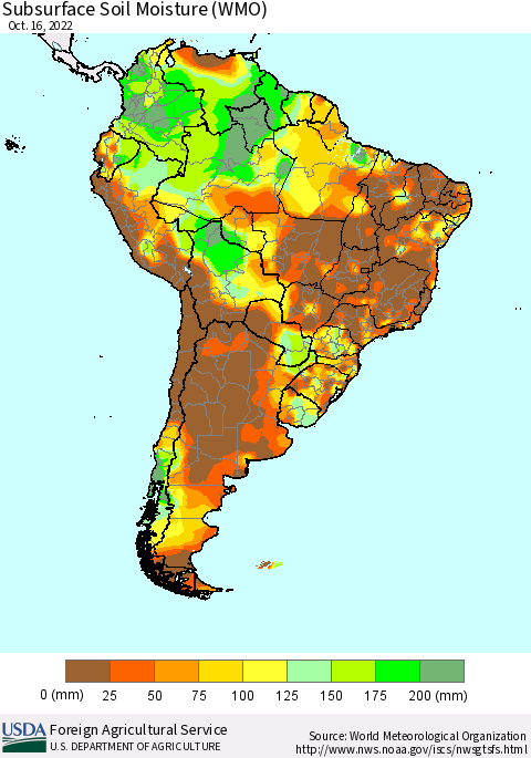 South America Subsurface Soil Moisture (WMO) Thematic Map For 10/10/2022 - 10/16/2022
