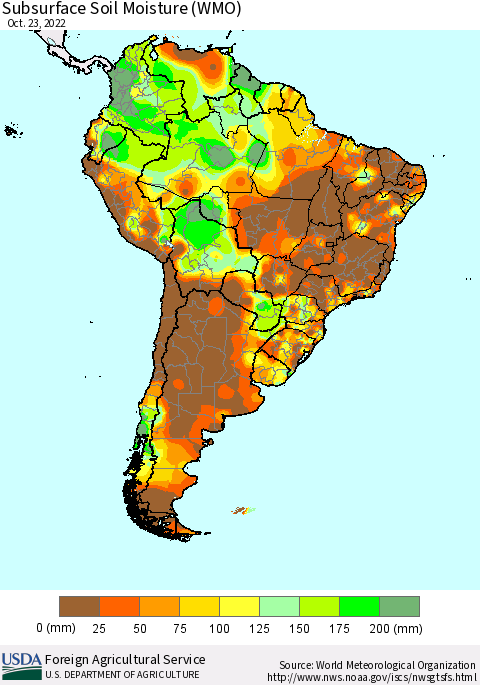 South America Subsurface Soil Moisture (WMO) Thematic Map For 10/17/2022 - 10/23/2022