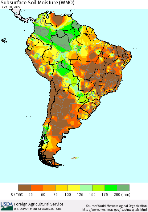 South America Subsurface Soil Moisture (WMO) Thematic Map For 10/24/2022 - 10/30/2022