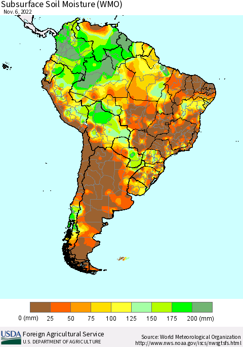 South America Subsurface Soil Moisture (WMO) Thematic Map For 10/31/2022 - 11/6/2022