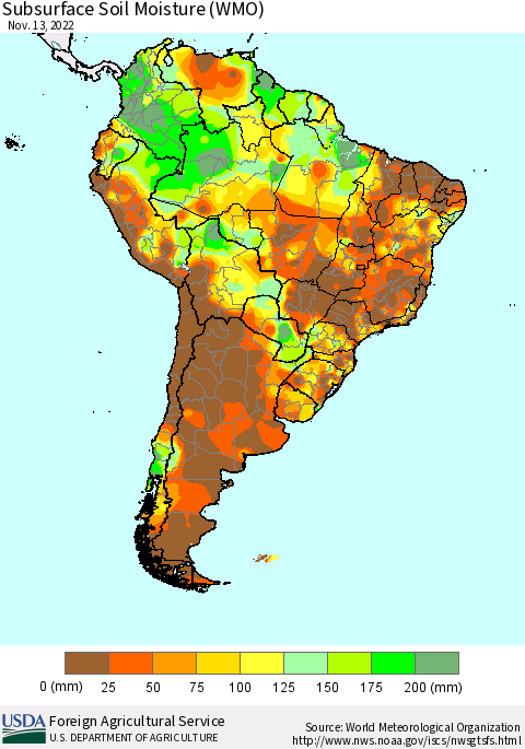 South America Subsurface Soil Moisture (WMO) Thematic Map For 11/7/2022 - 11/13/2022