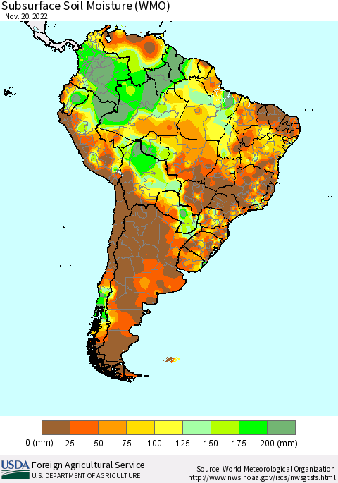 South America Subsurface Soil Moisture (WMO) Thematic Map For 11/14/2022 - 11/20/2022