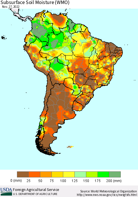 South America Subsurface Soil Moisture (WMO) Thematic Map For 11/21/2022 - 11/27/2022