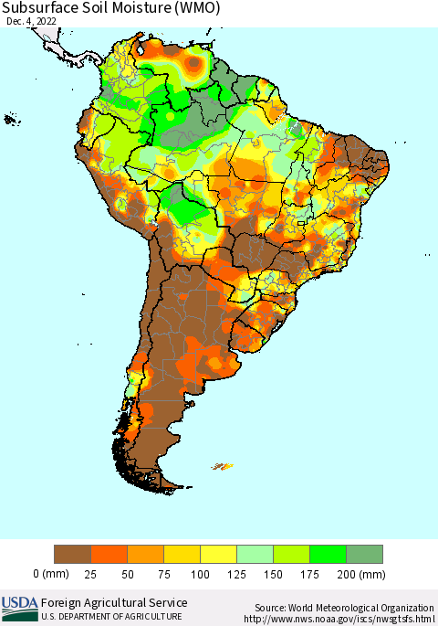 South America Subsurface Soil Moisture (WMO) Thematic Map For 11/28/2022 - 12/4/2022