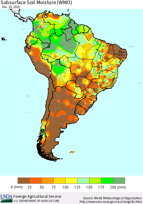 South America Subsurface Soil Moisture (WMO) Thematic Map For 12/12/2022 - 12/18/2022