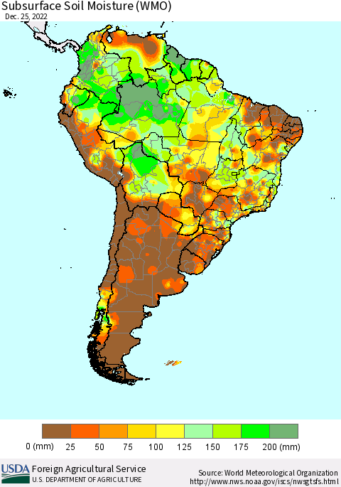 South America Subsurface Soil Moisture (WMO) Thematic Map For 12/19/2022 - 12/25/2022