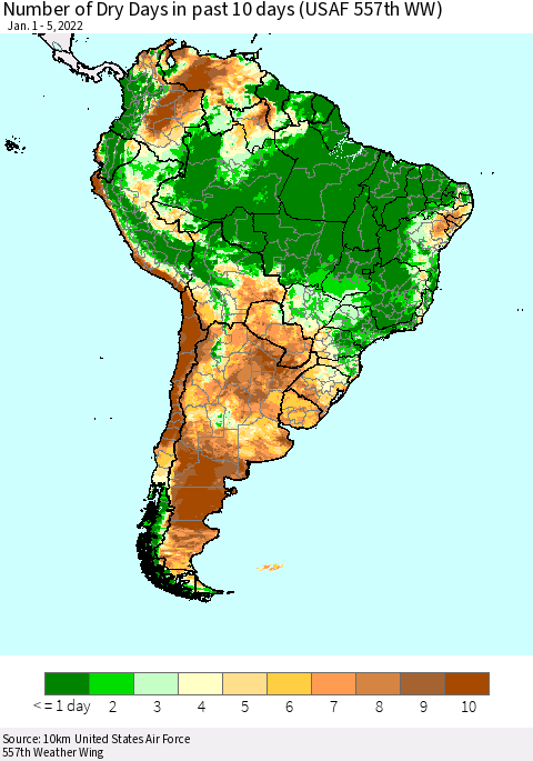 South America Number of Dry Days in past 10 days (USAF 557th WW) Thematic Map For 1/1/2022 - 1/5/2022