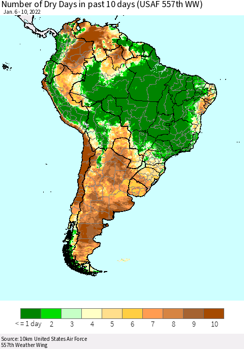South America Number of Dry Days in past 10 days (USAF 557th WW) Thematic Map For 1/6/2022 - 1/10/2022