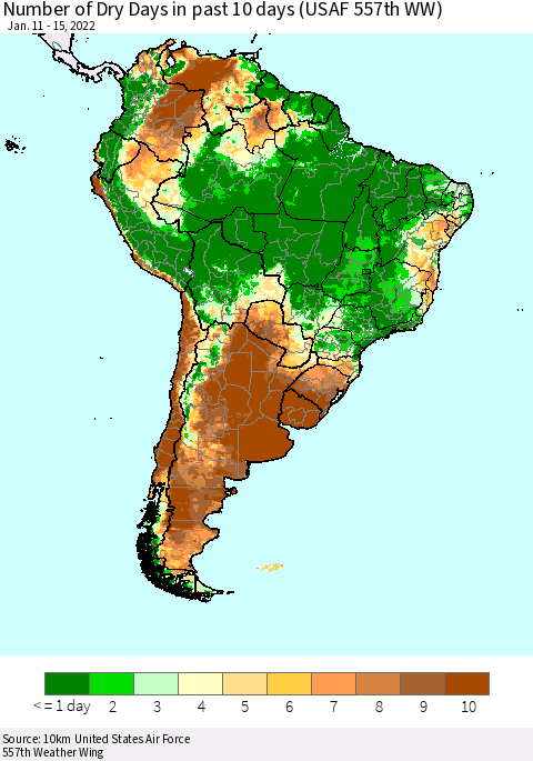 South America Number of Dry Days in past 10 days (USAF 557th WW) Thematic Map For 1/11/2022 - 1/15/2022