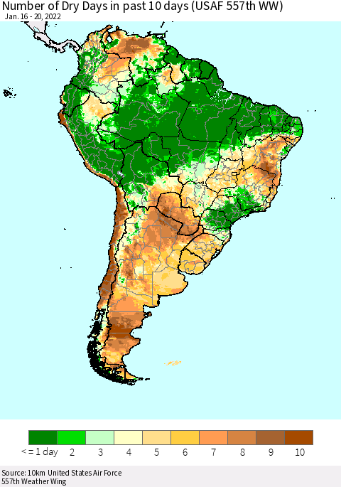 South America Number of Dry Days in past 10 days (USAF 557th WW) Thematic Map For 1/16/2022 - 1/20/2022