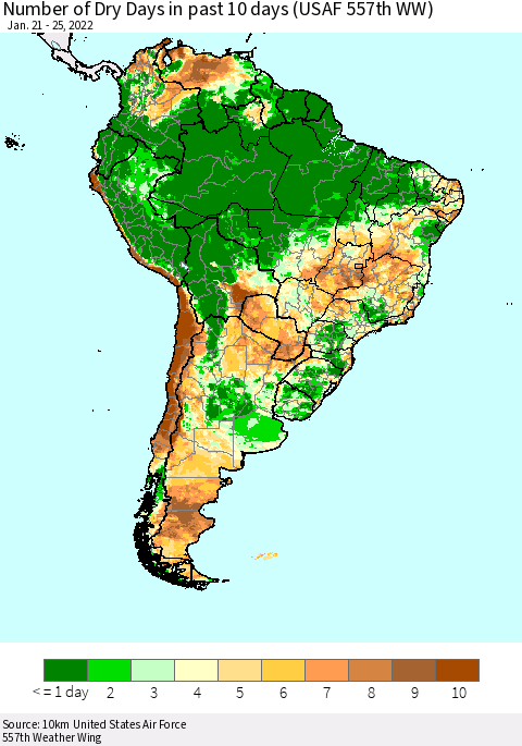 South America Number of Dry Days in past 10 days (USAF 557th WW) Thematic Map For 1/21/2022 - 1/25/2022