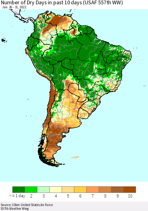 South America Number of Dry Days in past 10 days (USAF 557th WW) Thematic Map For 1/26/2022 - 1/31/2022