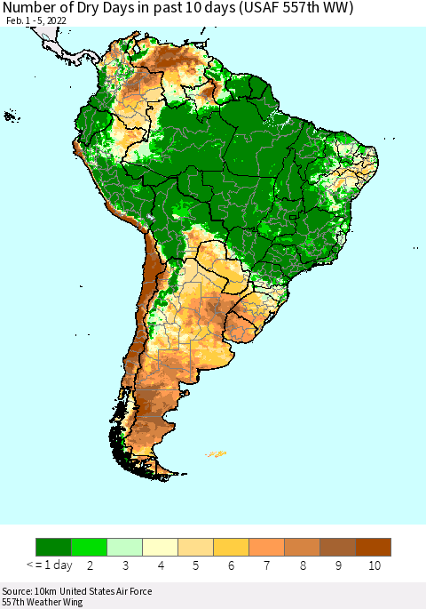 South America Number of Dry Days in past 10 days (USAF 557th WW) Thematic Map For 2/1/2022 - 2/5/2022