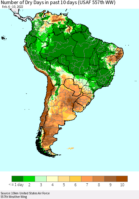 South America Number of Dry Days in past 10 days (USAF 557th WW) Thematic Map For 2/6/2022 - 2/10/2022