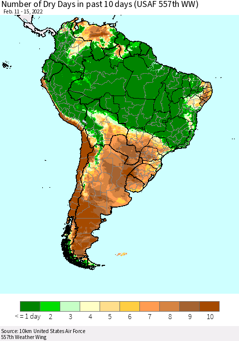 South America Number of Dry Days in past 10 days (USAF 557th WW) Thematic Map For 2/11/2022 - 2/15/2022