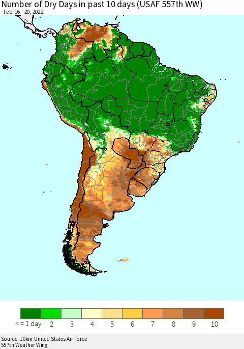 South America Number of Dry Days in past 10 days (USAF 557th WW) Thematic Map For 2/16/2022 - 2/20/2022