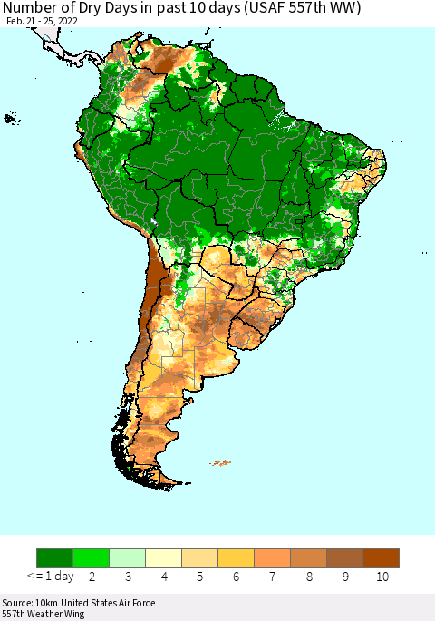 South America Number of Dry Days in past 10 days (USAF 557th WW) Thematic Map For 2/21/2022 - 2/25/2022