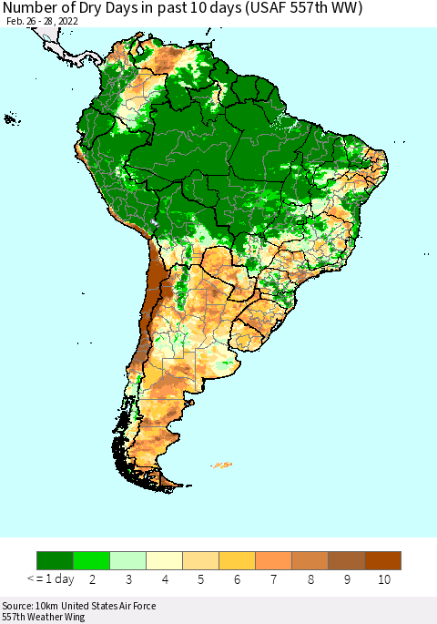 South America Number of Dry Days in past 10 days (USAF 557th WW) Thematic Map For 2/26/2022 - 2/28/2022