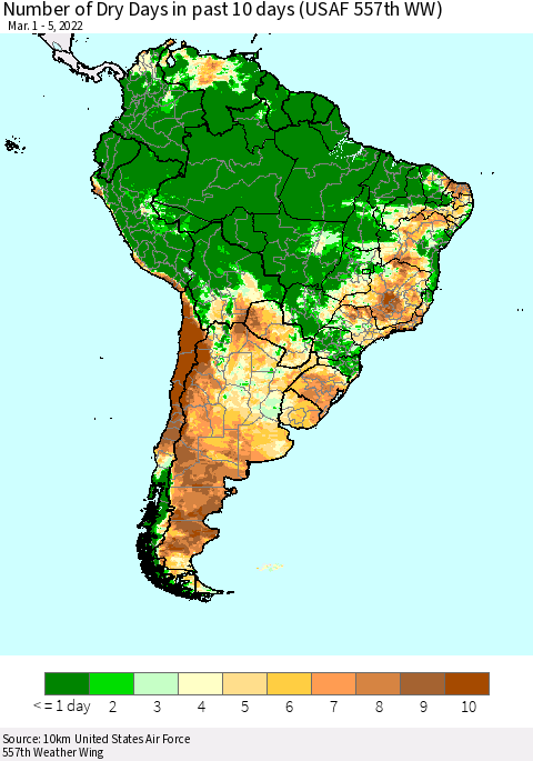 South America Number of Dry Days in past 10 days (USAF 557th WW) Thematic Map For 3/1/2022 - 3/5/2022