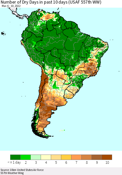 South America Number of Dry Days in past 10 days (USAF 557th WW) Thematic Map For 3/6/2022 - 3/10/2022