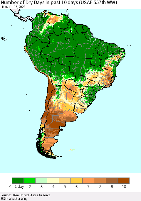 South America Number of Dry Days in past 10 days (USAF 557th WW) Thematic Map For 3/11/2022 - 3/15/2022