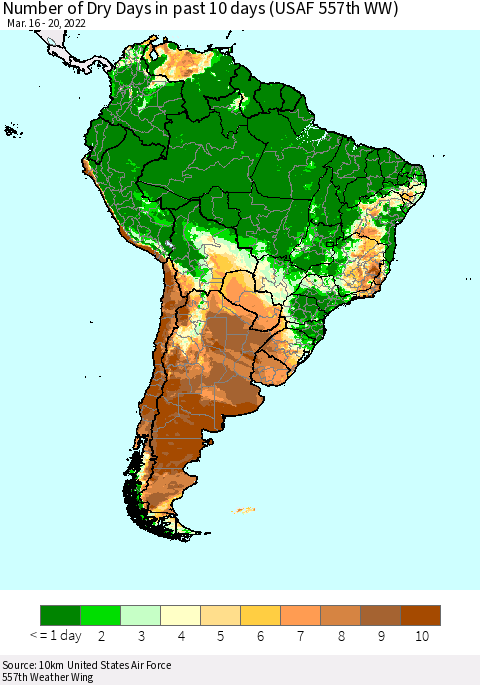 South America Number of Dry Days in past 10 days (USAF 557th WW) Thematic Map For 3/16/2022 - 3/20/2022