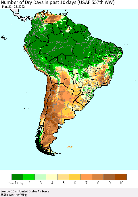 South America Number of Dry Days in past 10 days (USAF 557th WW) Thematic Map For 3/21/2022 - 3/25/2022
