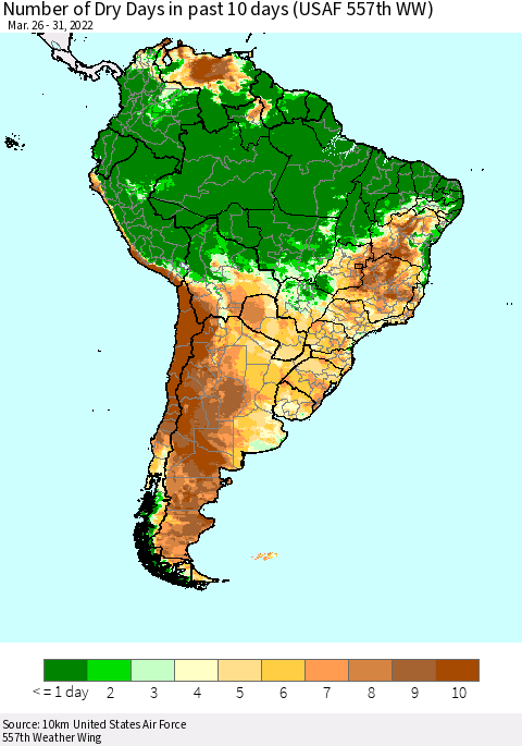 South America Number of Dry Days in past 10 days (USAF 557th WW) Thematic Map For 3/26/2022 - 3/31/2022