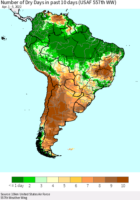 South America Number of Dry Days in past 10 days (USAF 557th WW) Thematic Map For 4/1/2022 - 4/5/2022