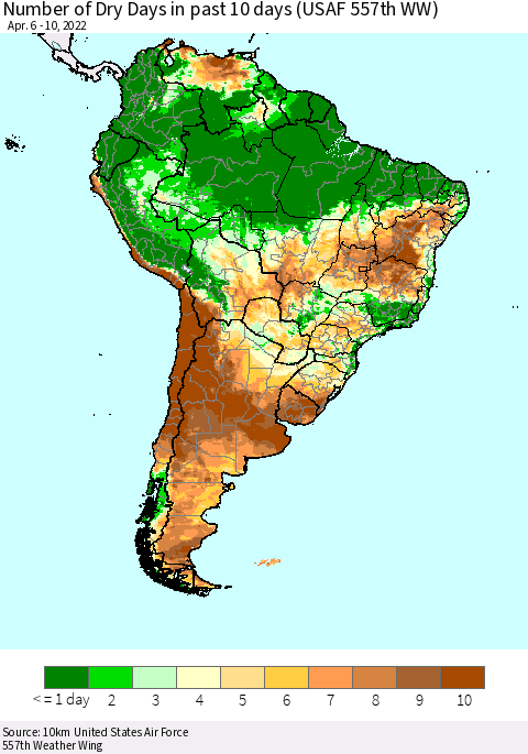 South America Number of Dry Days in past 10 days (USAF 557th WW) Thematic Map For 4/6/2022 - 4/10/2022