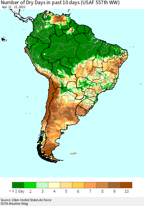 South America Number of Dry Days in past 10 days (USAF 557th WW) Thematic Map For 4/11/2022 - 4/15/2022
