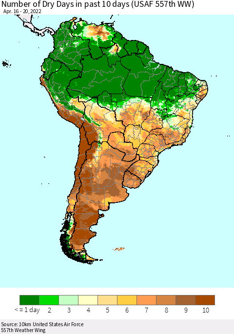 South America Number of Dry Days in past 10 days (USAF 557th WW) Thematic Map For 4/16/2022 - 4/20/2022