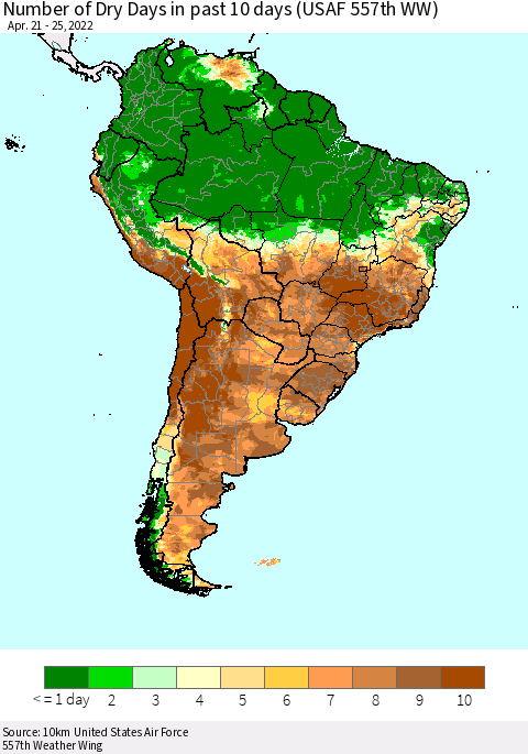 South America Number of Dry Days in past 10 days (USAF 557th WW) Thematic Map For 4/21/2022 - 4/25/2022