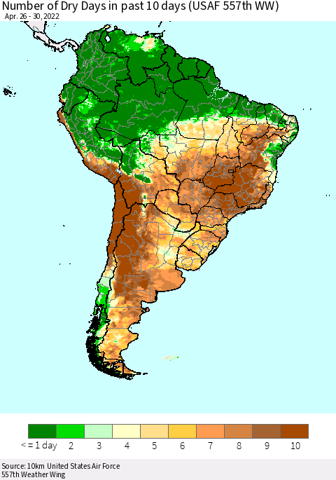 South America Number of Dry Days in past 10 days (USAF 557th WW) Thematic Map For 4/26/2022 - 4/30/2022
