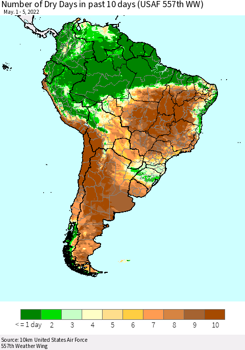 South America Number of Dry Days in past 10 days (USAF 557th WW) Thematic Map For 5/1/2022 - 5/5/2022